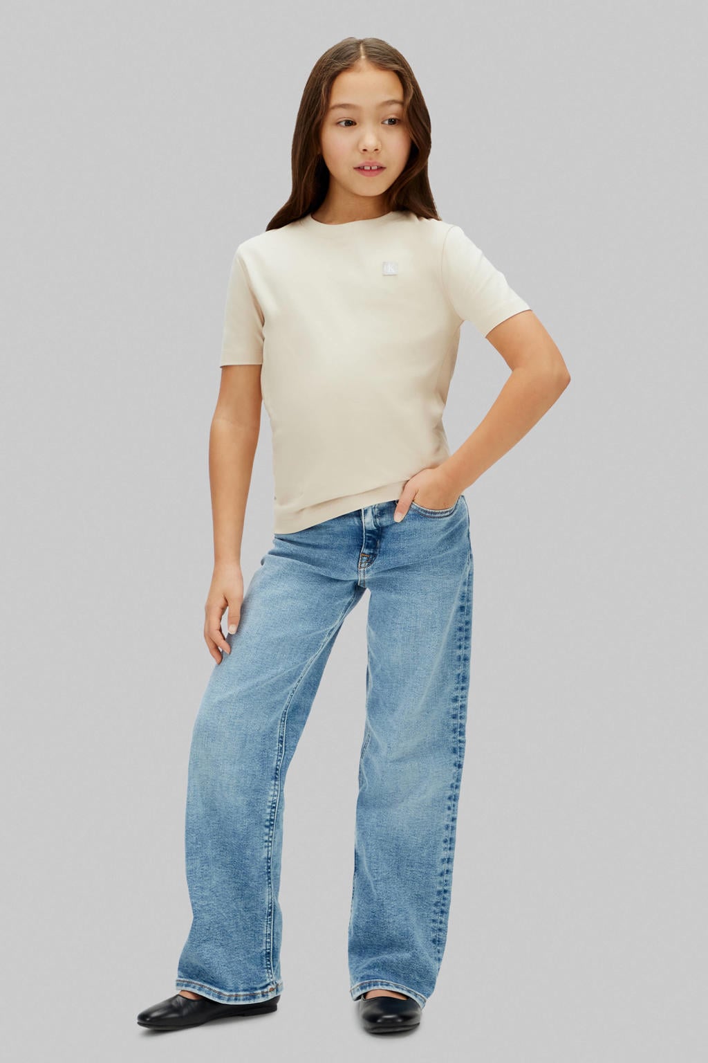 Ecru jongens en meisjes Calvin Klein T-shirt van katoen met effen, korte mouwen en ronde hals
