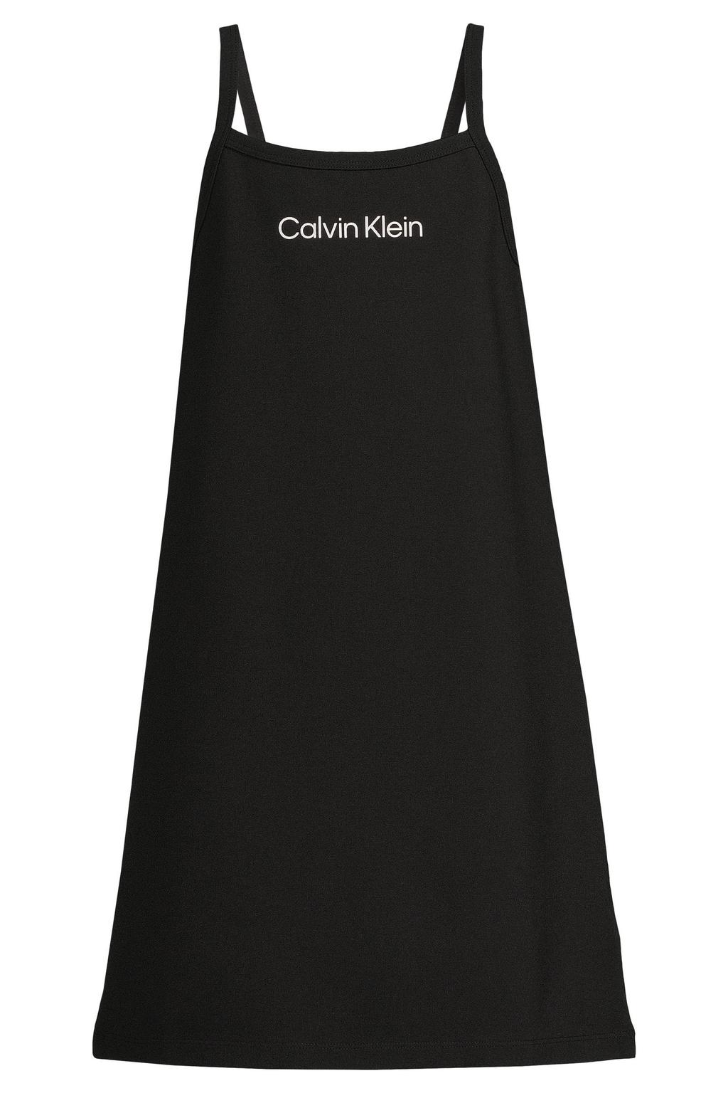 Zwarte meisjes Calvin Klein A-lijn jurk van viscose met logo dessin, spaghettibandjes en ronde hals