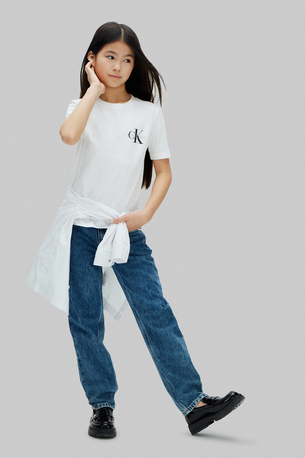 Witte jongens en meisjes Calvin Klein T-shirt van katoen met effen, korte mouwen en ronde hals