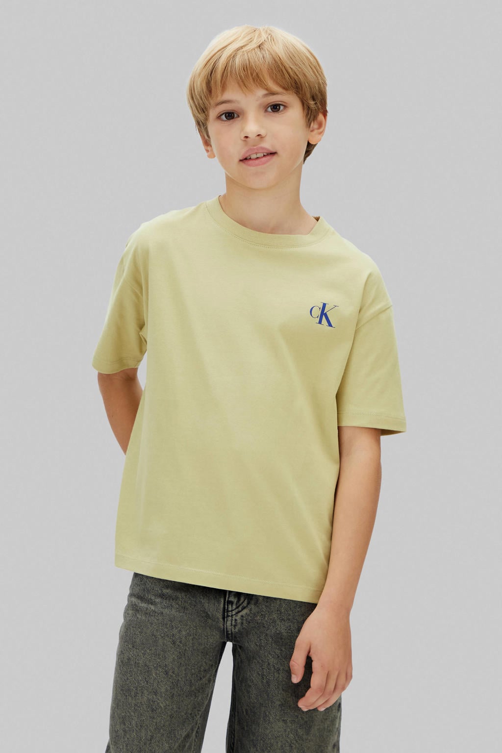 Gele jongens Calvin Klein T-shirt van katoen met effen, korte mouwen en ronde hals