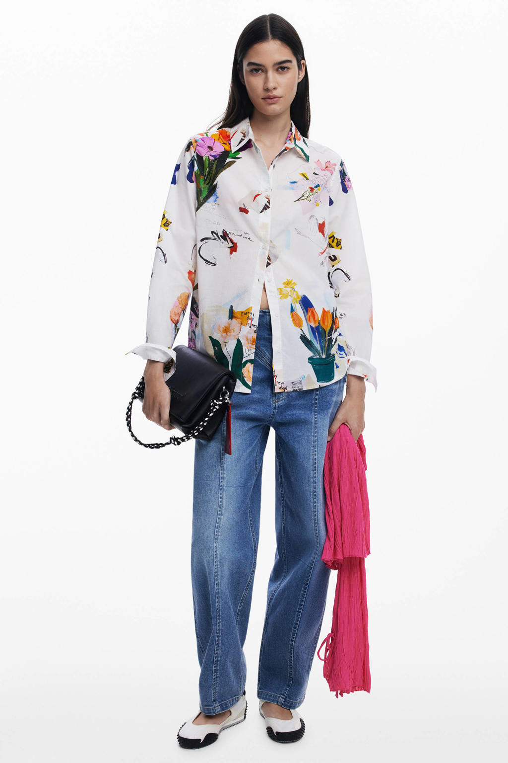 Witte dames Desigual gebloemde blouse van katoen met lange mouwen, klassieke kraag en knoopsluiting