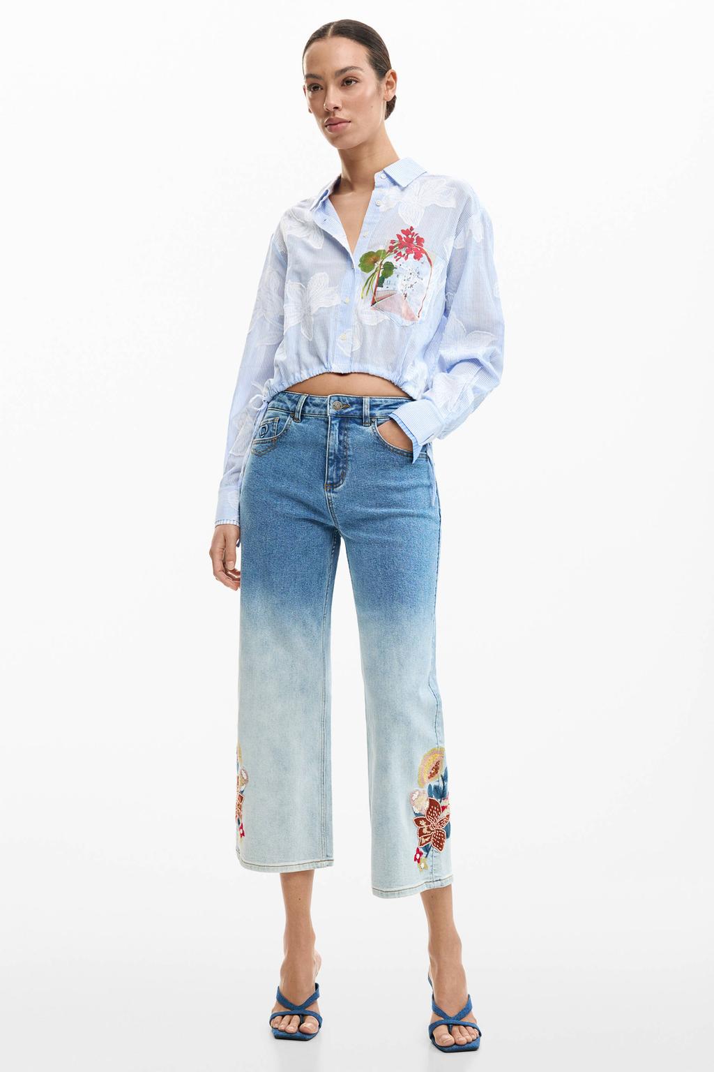 Light blue denim dames Desigual gebloemde bootcut jeans van denim met regular waist en rits- en knoopsluiting