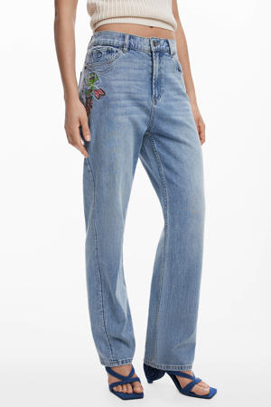 high waist straight leg jeans medium blue denim