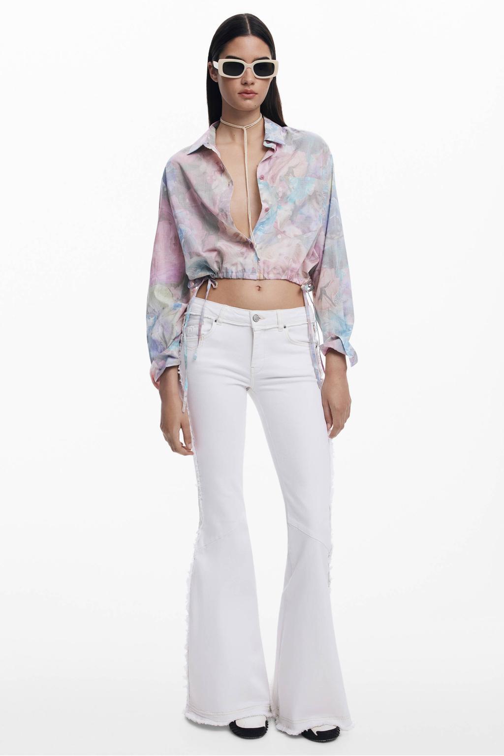 Lichtroze dames Desigual blouse van katoen met lange mouwen, klassieke kraag, knoopsluiting en tunnelkoord