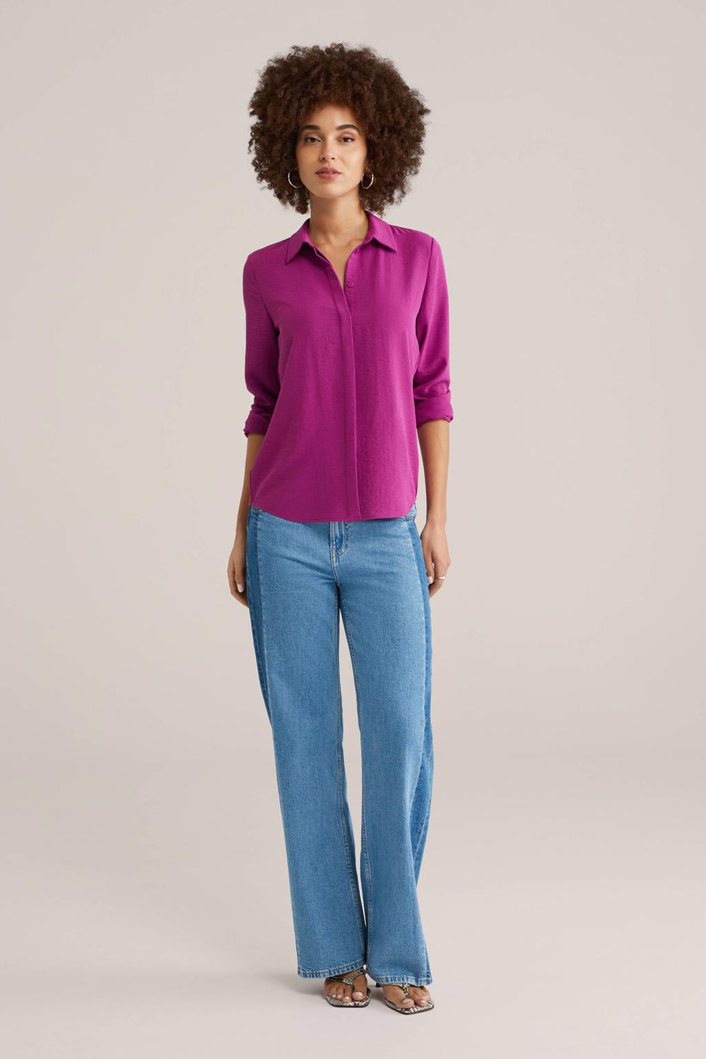 Paarse dames WE Fashion blouse van polyester met effen, lange mouwen, klassieke kraag en blinde knoopsluiting
