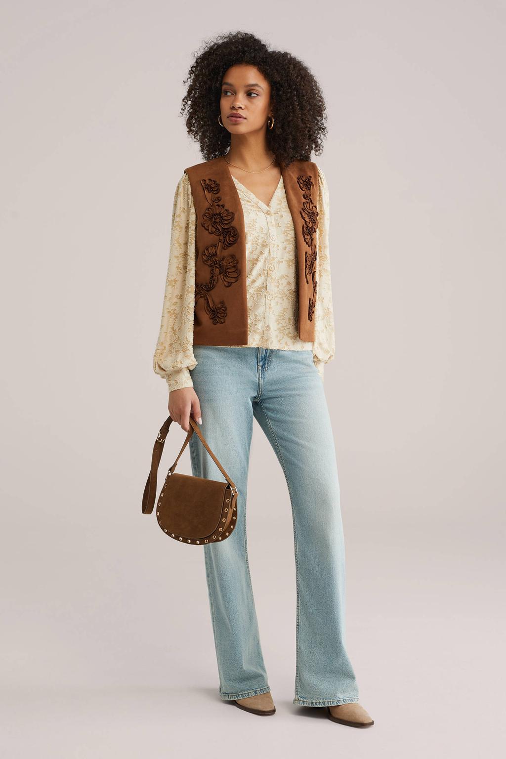 Lichtgele dames WE Fashion blouse van polyester met lange mouwen, V-hals, knoopsluiting en textuur