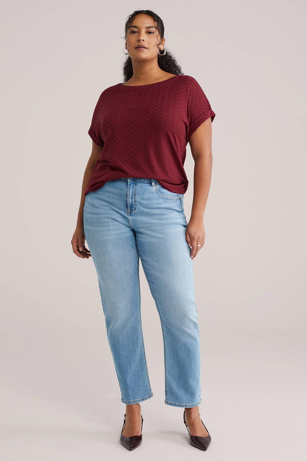 Donkerrode dames WE Fashion Curve T-shirt van katoen met effen, korte mouwen en boothals