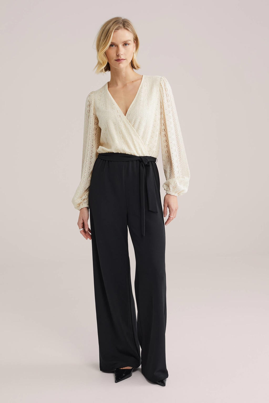 Ecru dames WE Fashion jumpsuit broderie van polyester met meerkleurige print, lange mouwen en V-hals