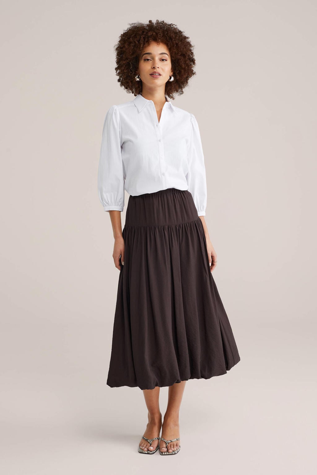 Witte dames WE Fashion blouse van katoen met effen, driekwart mouwen, klassieke kraag en knoopsluiting