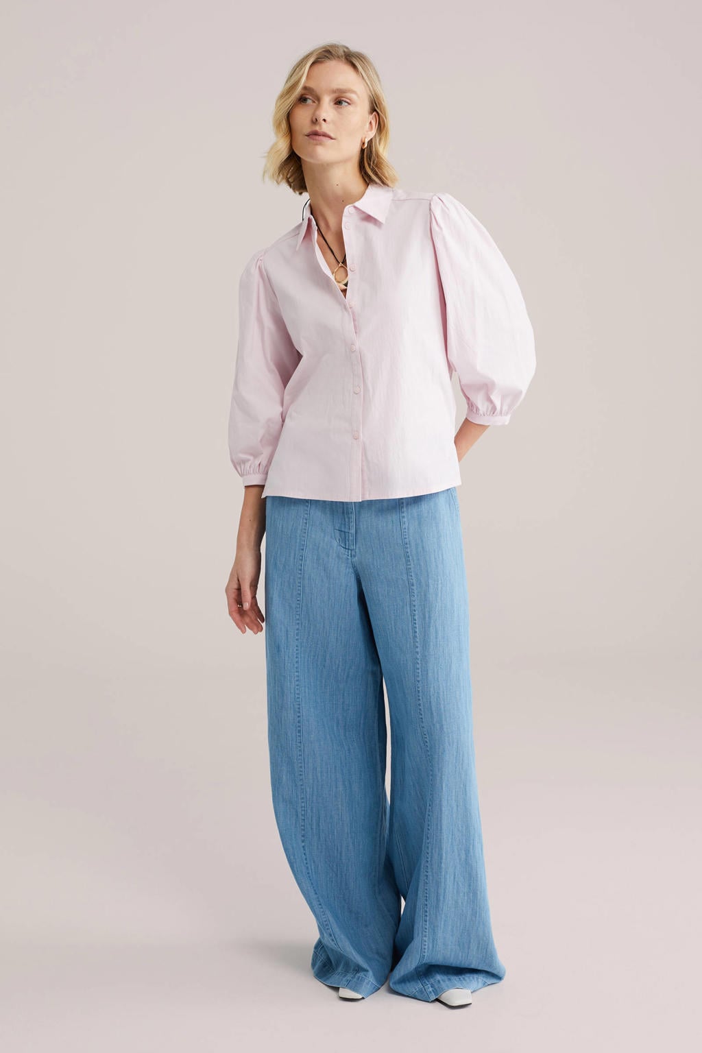 Lichtroze dames WE Fashion blouse van katoen met effen, driekwart mouwen, klassieke kraag en knoopsluiting