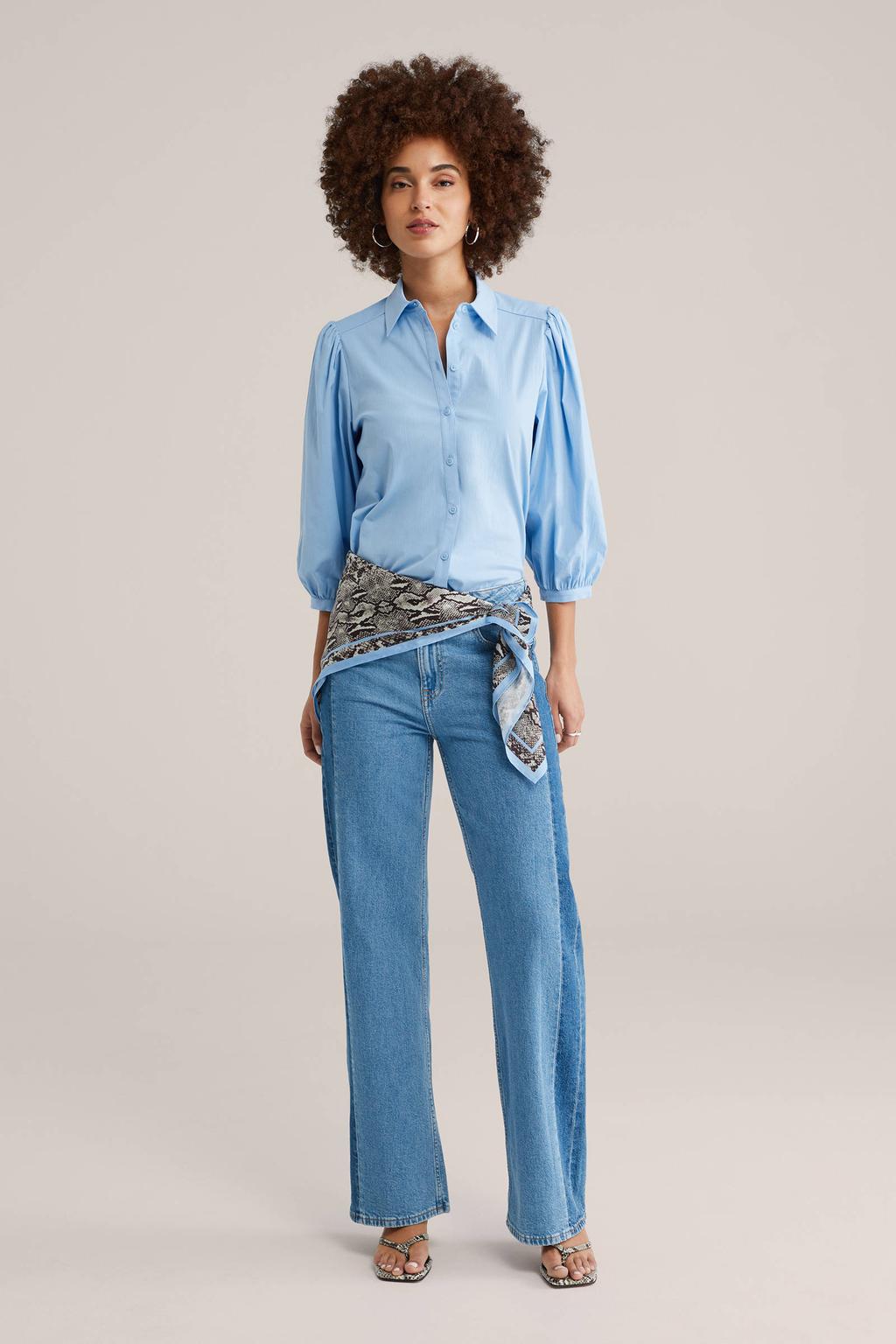 Lichtblauwe dames WE Fashion blouse van katoen met effen, driekwart mouwen, klassieke kraag en knoopsluiting