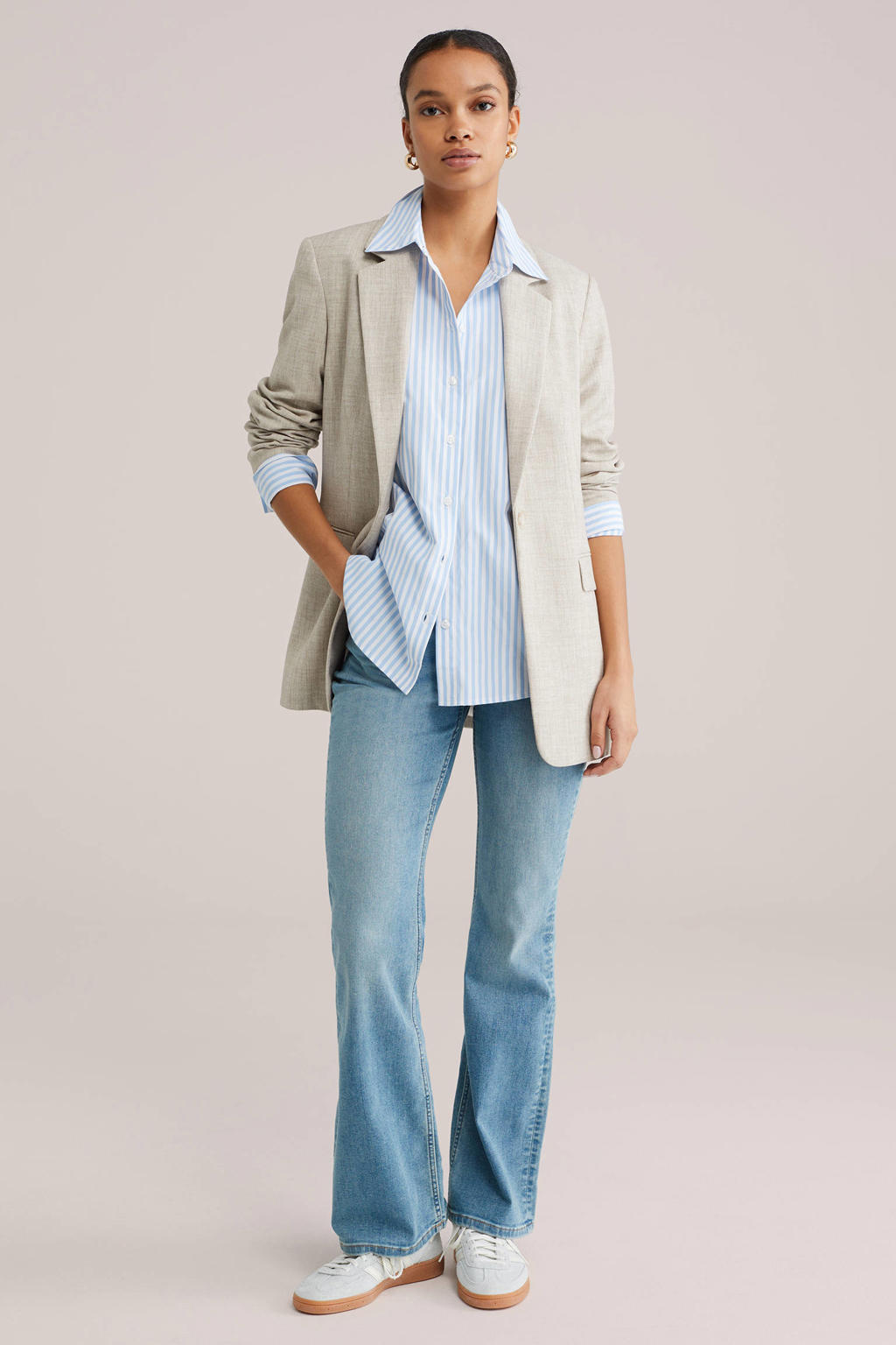 Lichtblauwe dames WE Fashion gestreepte blouse van polyester met lange mouwen, klassieke kraag en knoopsluiting