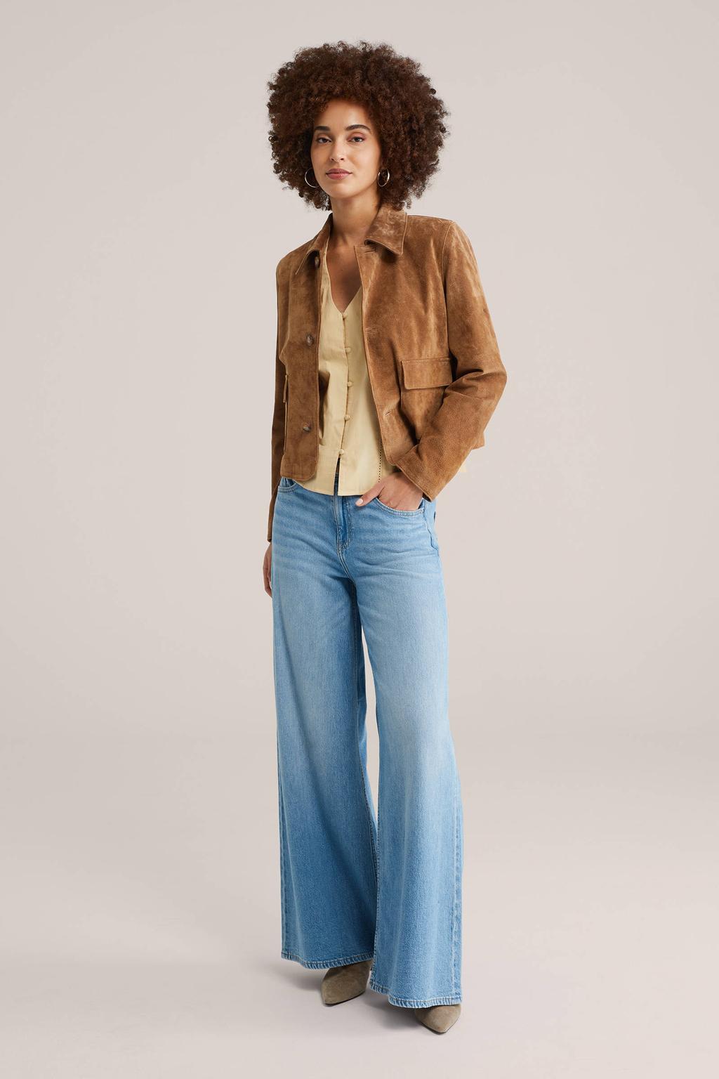 Lichtgele dames WE Fashion blouse van katoen met effen, lange mouwen, V-hals en knoopsluiting