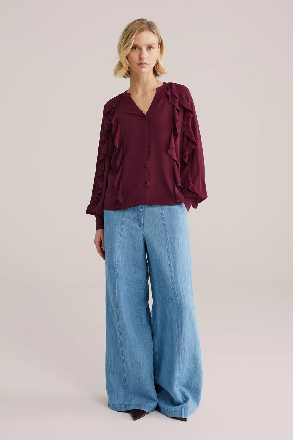 Donkerrode dames WE Fashion top van polyester met effen, lange mouwen en V-hals