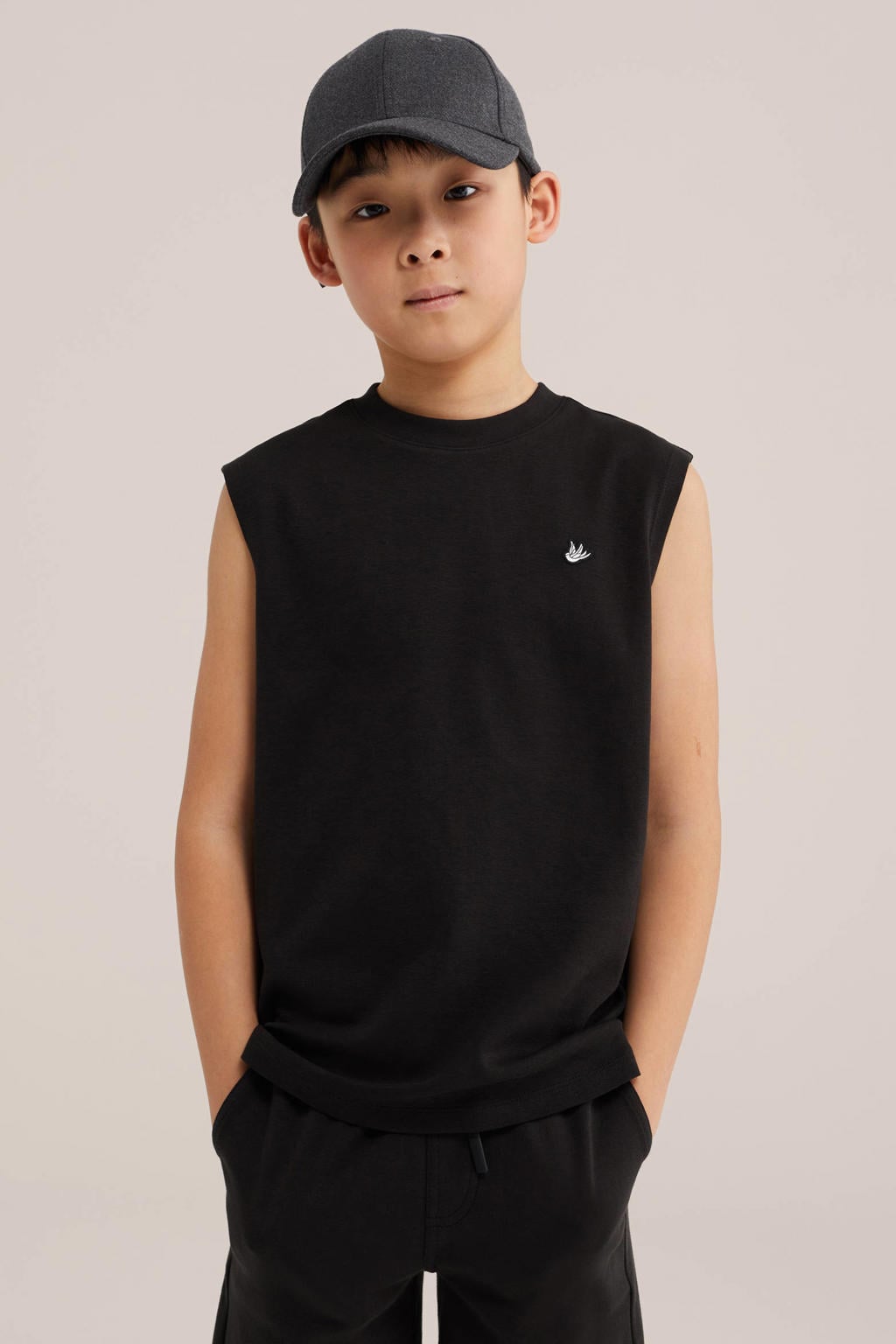 Zwarte jongens WE Fashion tanktop van katoen met effen en ronde hals