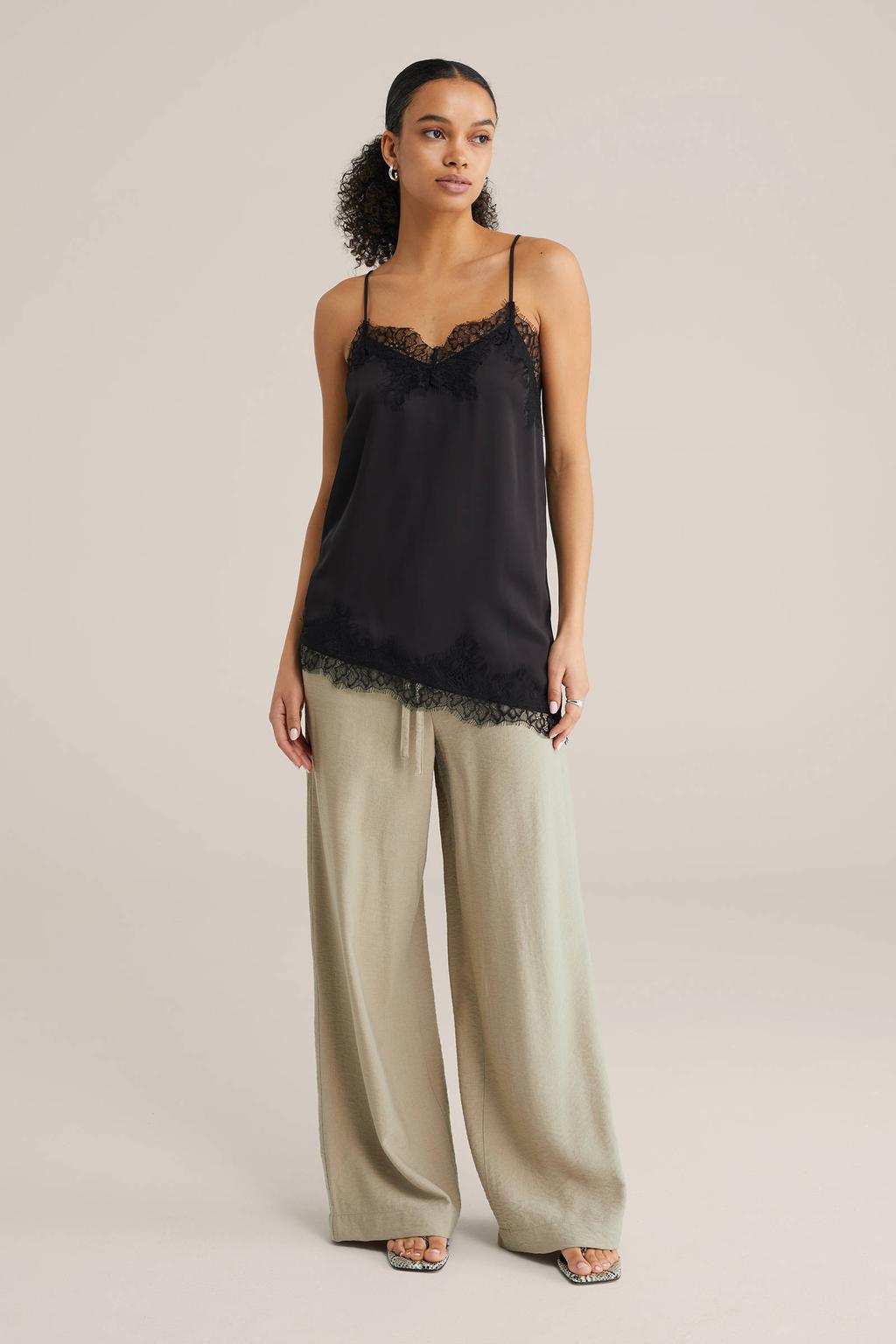 Zwarte dames WE Fashion mouwloze top van polyester met effen, V-hals en kant
