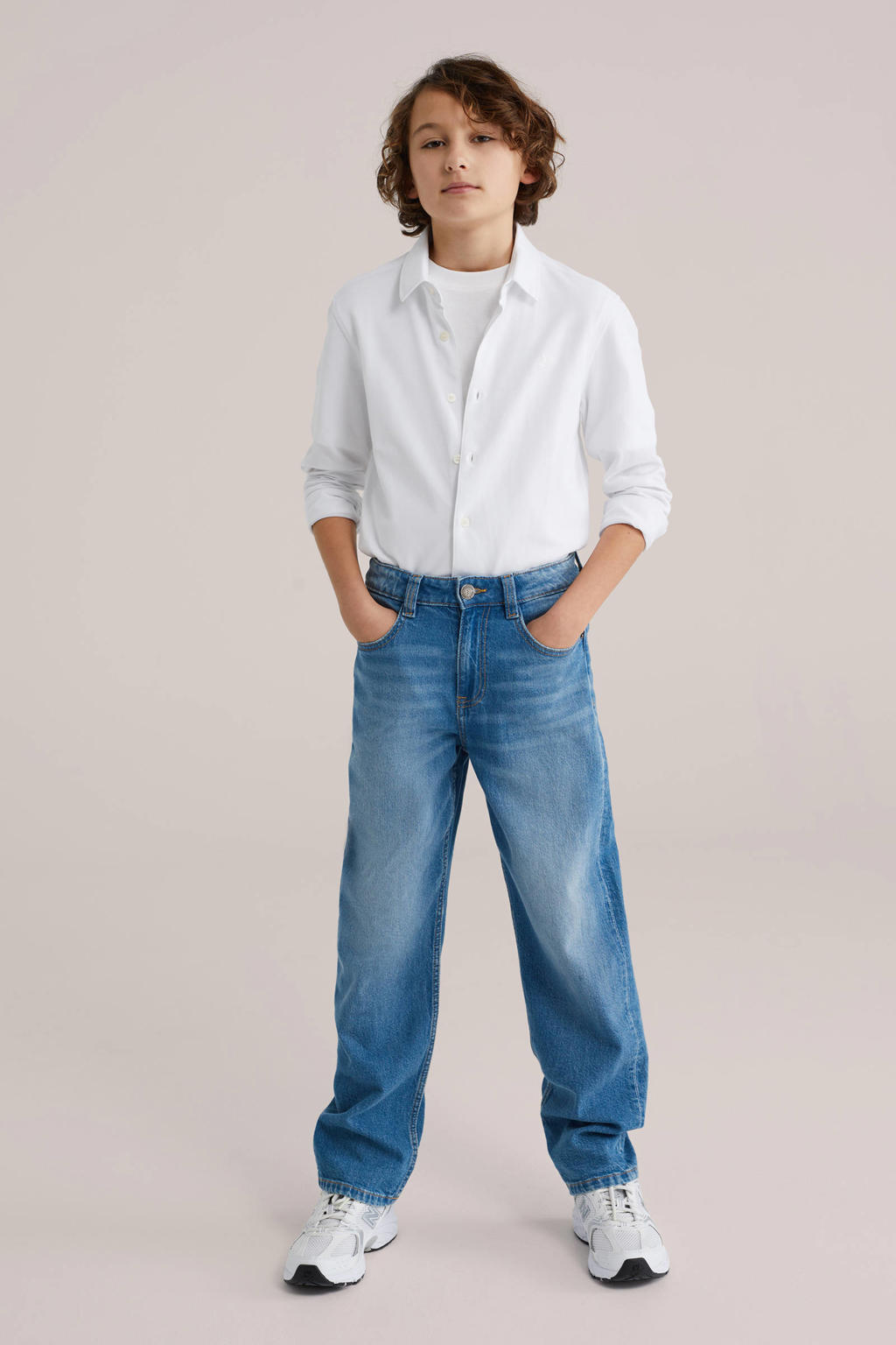Witte jongens WE Fashion overhemd van katoen met effen, lange mouwen, klassieke kraag en knoopsluiting