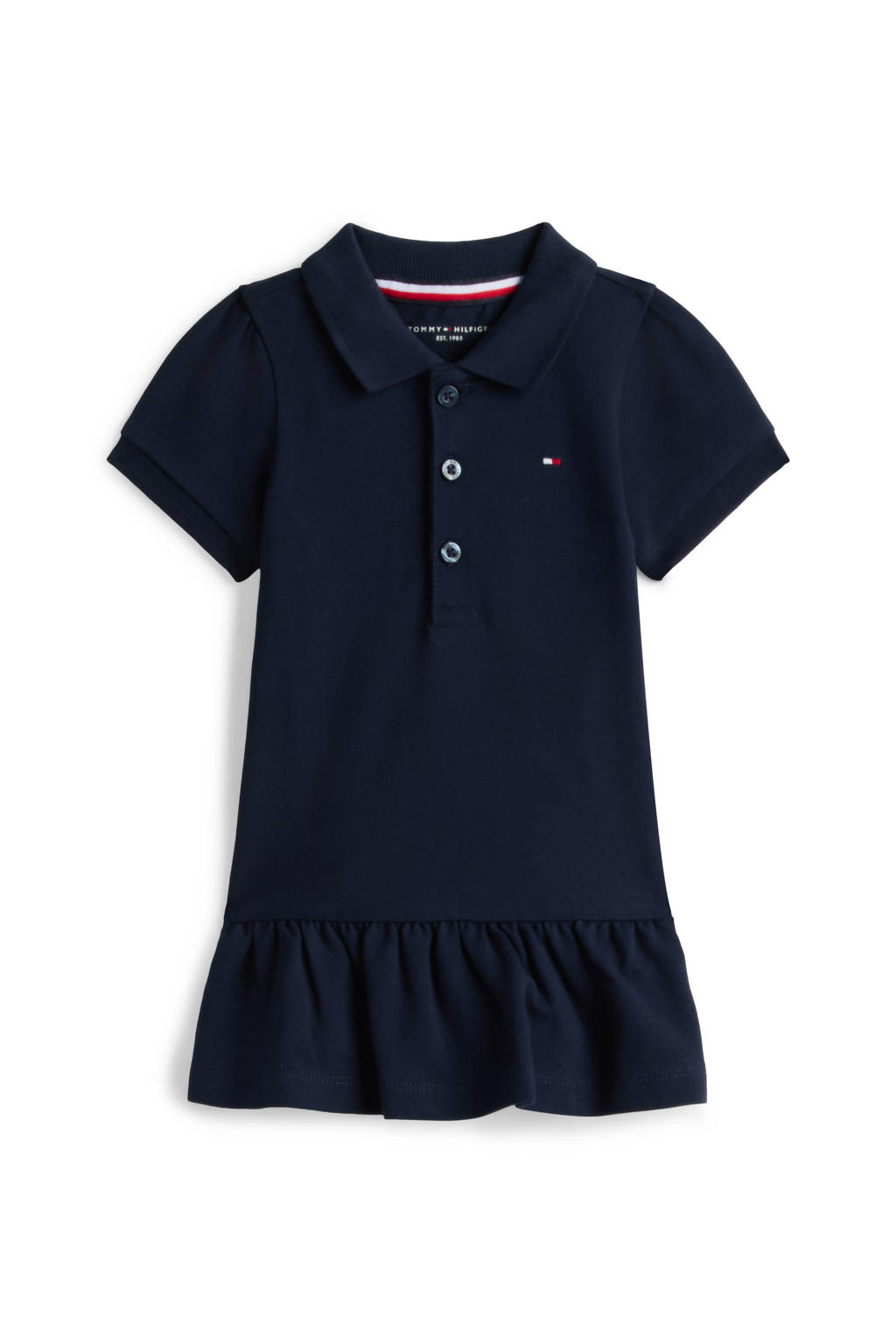 Donkerblauwe meisjes Tommy Hilfiger korte pique jurk van stretchkatoen met effen en polo kraag
