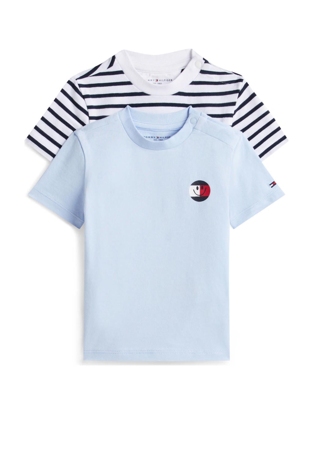 Set van 2 lichtblauw en witte jongens en meisjes Tommy Hilfiger baby t-shirt van stretchkatoen met strepenprint, korte mouwen, ronde hals en drukknoopsluiting