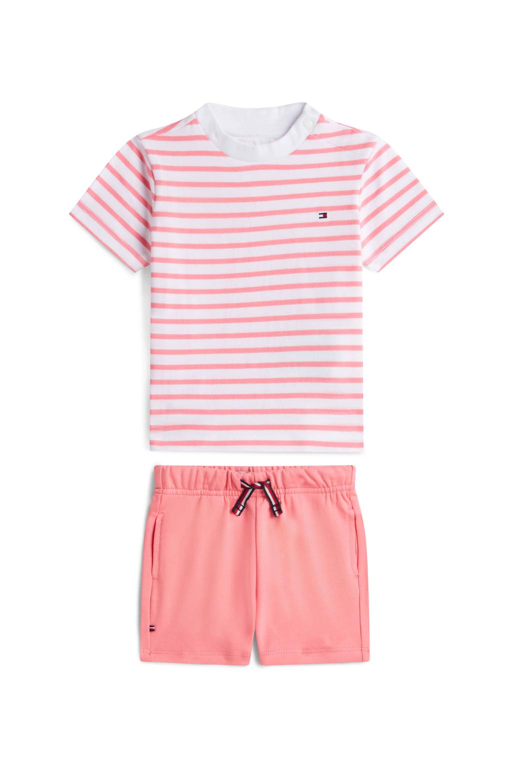 Roze jongens en meisjes Tommy Hilfiger T-shirt korte broek van stretchkatoen met strepenprint, korte mouwen, ronde hals en elastische tailleband