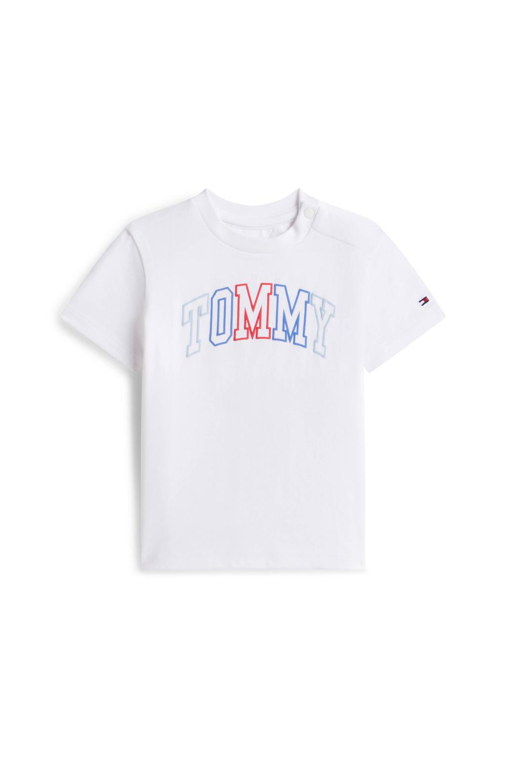 Witte jongens en meisjes Tommy Hilfiger T-shirt van stretchkatoen met logo dessin, korte mouwen en ronde hals