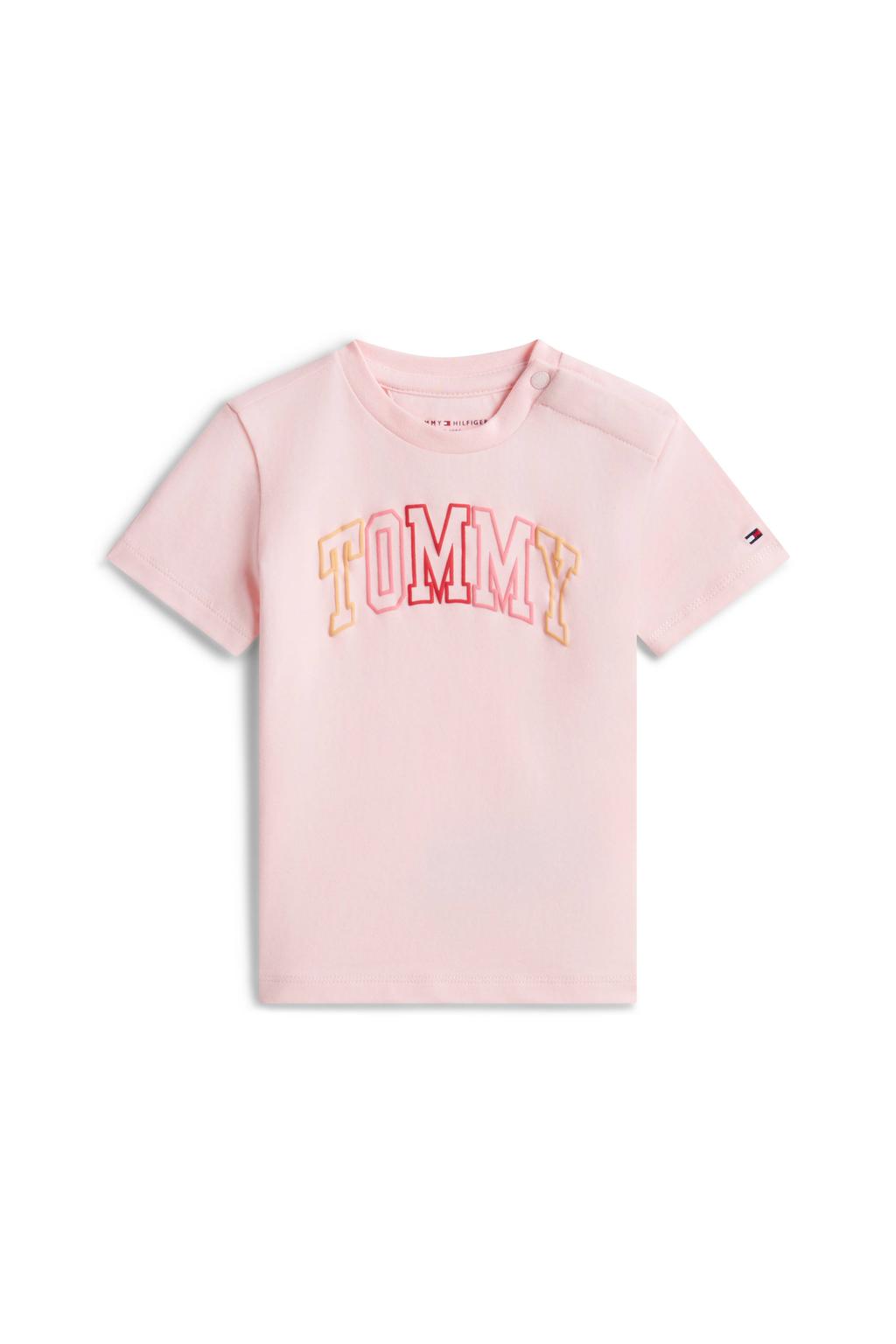 Lichtroze jongens en meisjes Tommy Hilfiger T-shirt van stretchkatoen met logo dessin, korte mouwen en ronde hals
