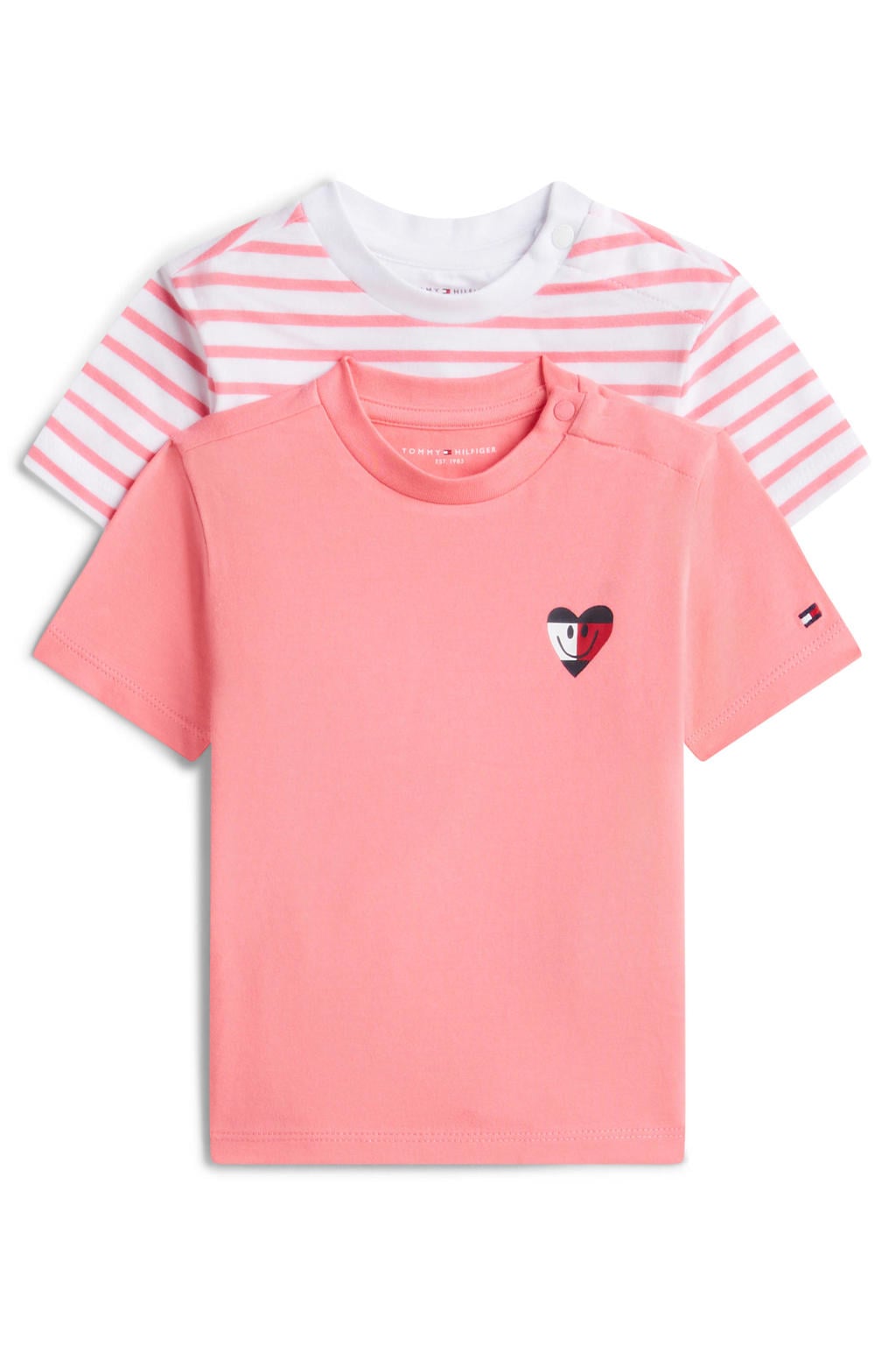 Set van 2 roze en witte jongens en meisjes Tommy Hilfiger baby T-shirt van stretchkatoen met strepenprint, korte mouwen, ronde hals en drukknoopsluiting