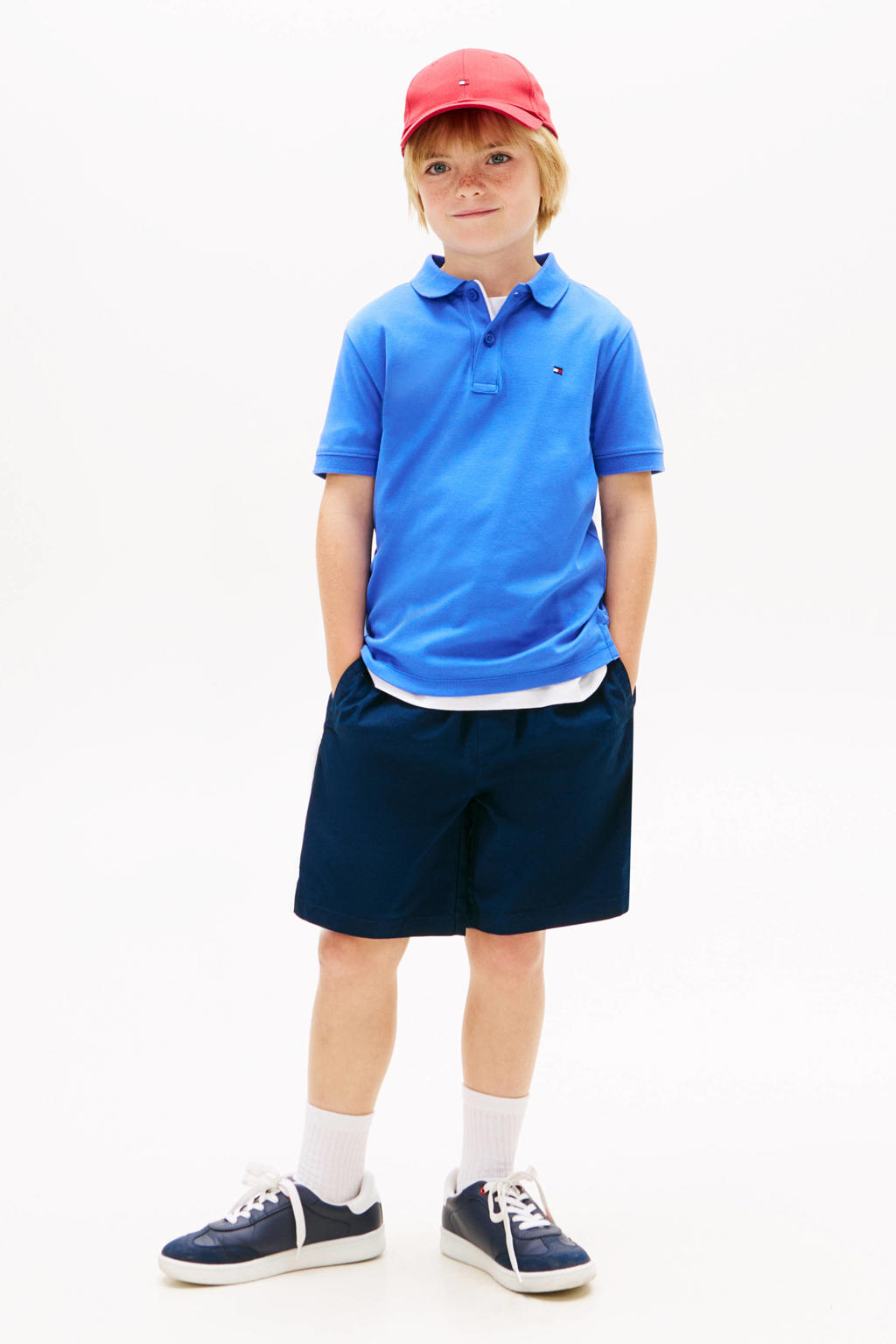 Blauwe jongens Tommy Hilfiger polo van katoen met effen, korte mouwen en knoopsluiting