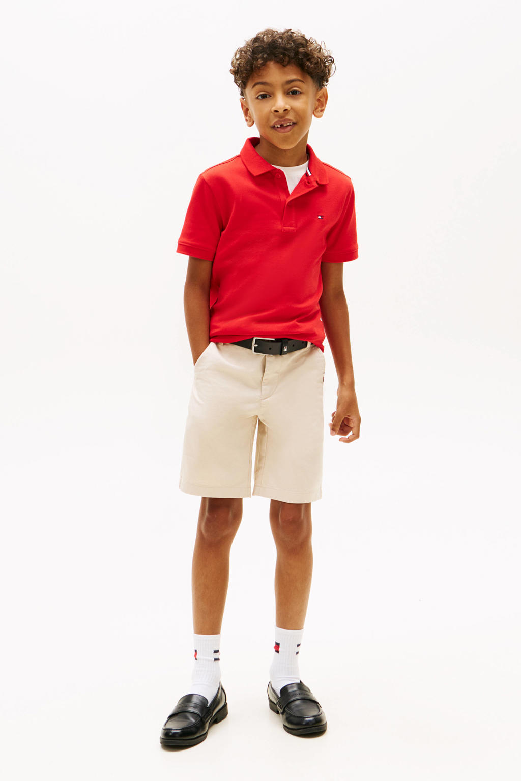 Rode jongens Tommy Hilfiger polo van katoen met effen, korte mouwen en knoopsluiting
