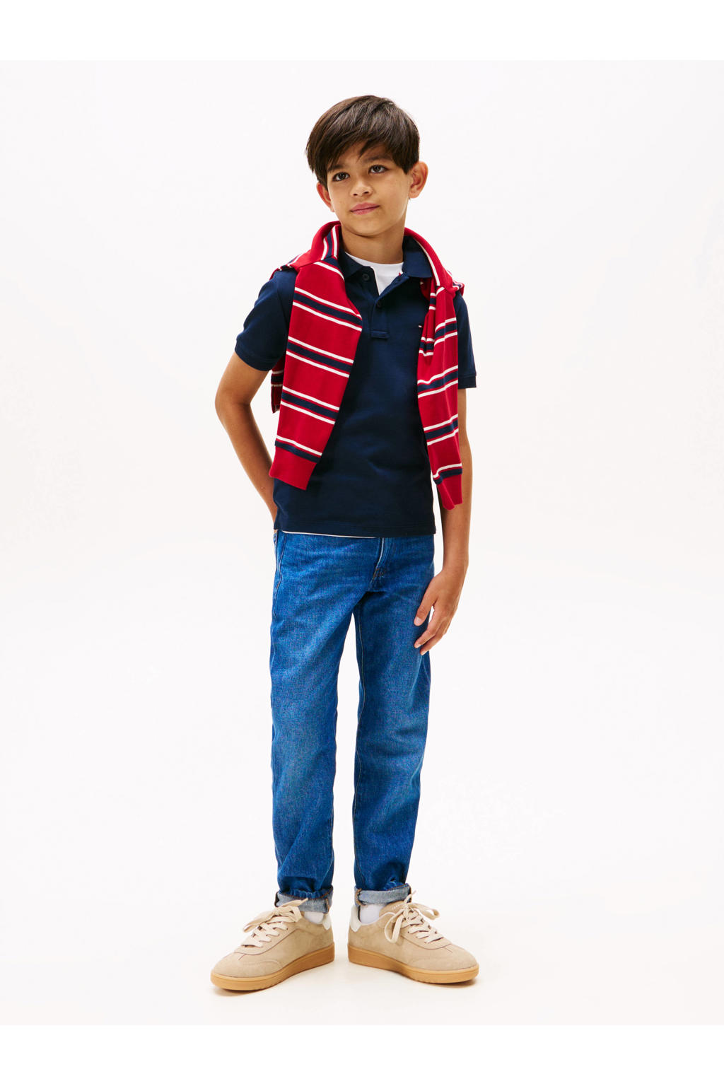 Donkerblauwe jongens Tommy Hilfiger polo van katoen met effen, korte mouwen en knoopsluiting