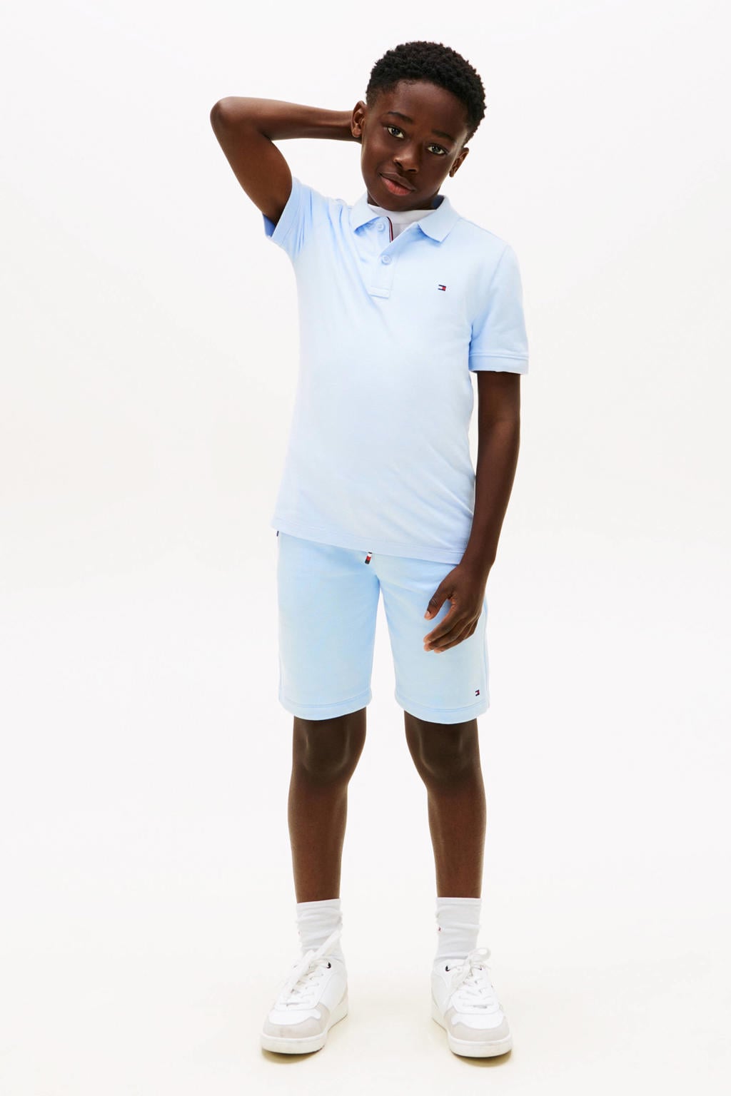 Lichtblauwe jongens Tommy Hilfiger polo van katoen met effen, korte mouwen en knoopsluiting