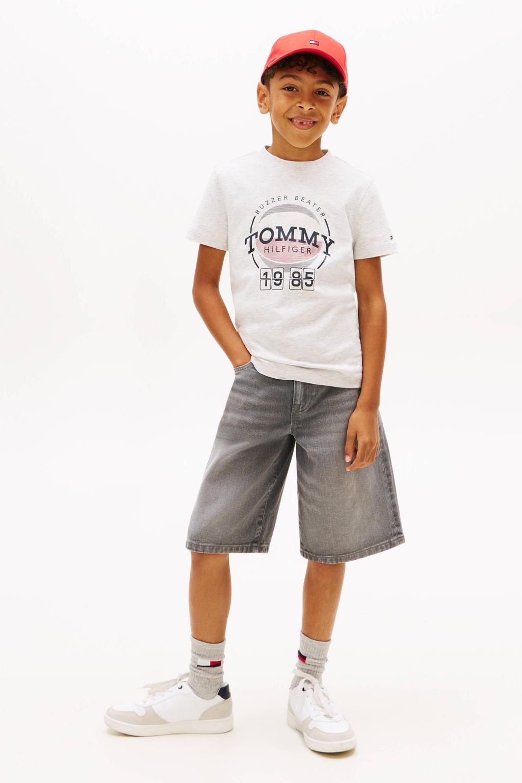Grijs melange jongens Tommy Hilfiger T-shirt melange van katoen met logo dessin, korte mouwen en ronde hals