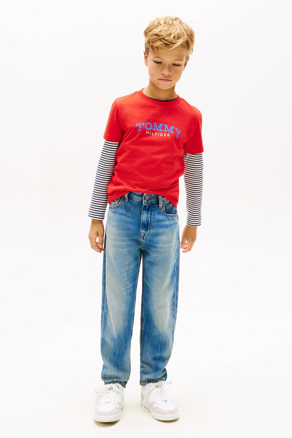 Rode jongens Tommy Hilfiger T-shirt van katoen met logo dessin, korte mouwen en ronde hals