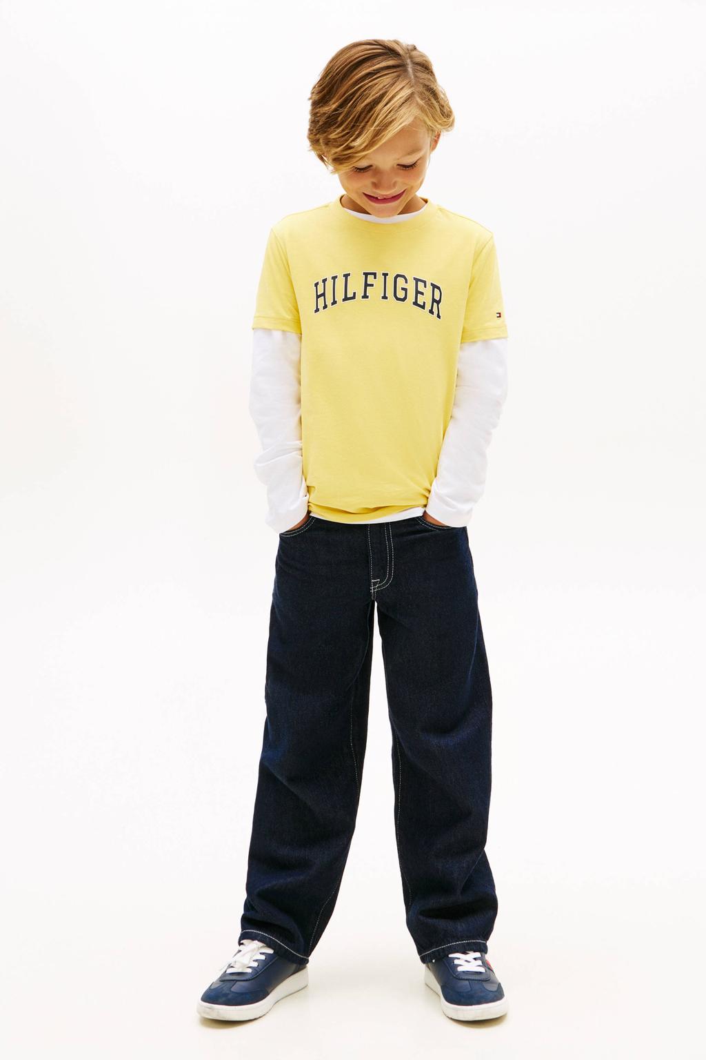 Gele jongens Tommy Hilfiger T-shirt van katoen met logo dessin, korte mouwen en ronde hals