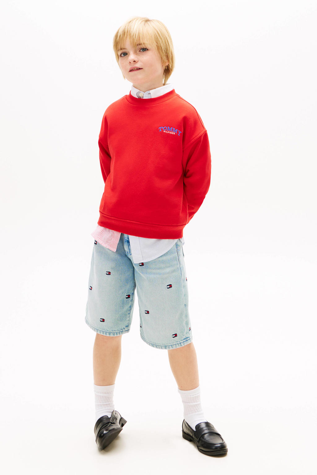 Rode jongens Tommy Hilfiger sweater met effen, lange mouwen, ronde hals en borduursels