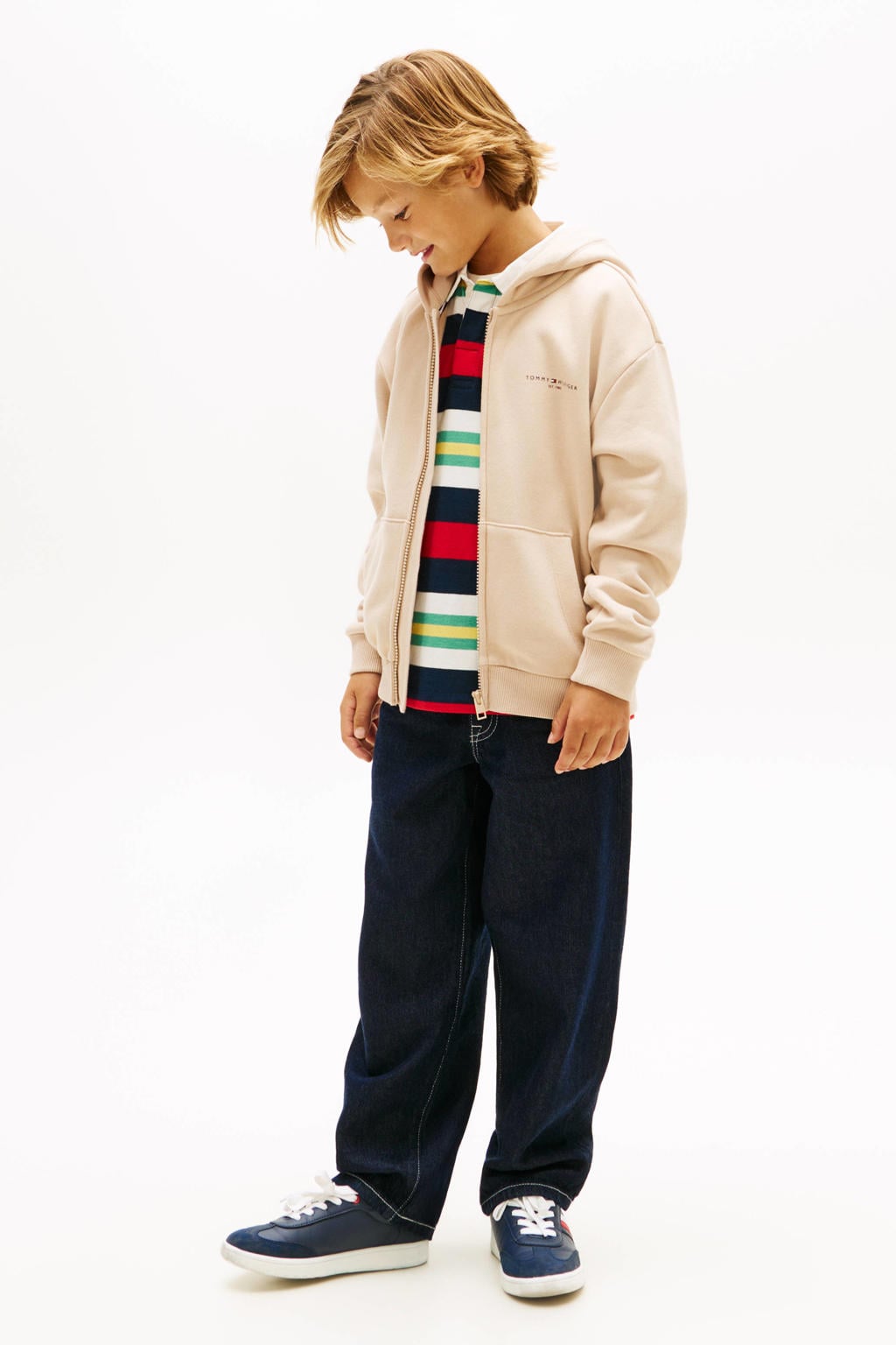 Beige jongens en meisjes Tommy Hilfiger sweatvest met effen, lange mouwen, capuchon, ritssluiting en geribde boorden
