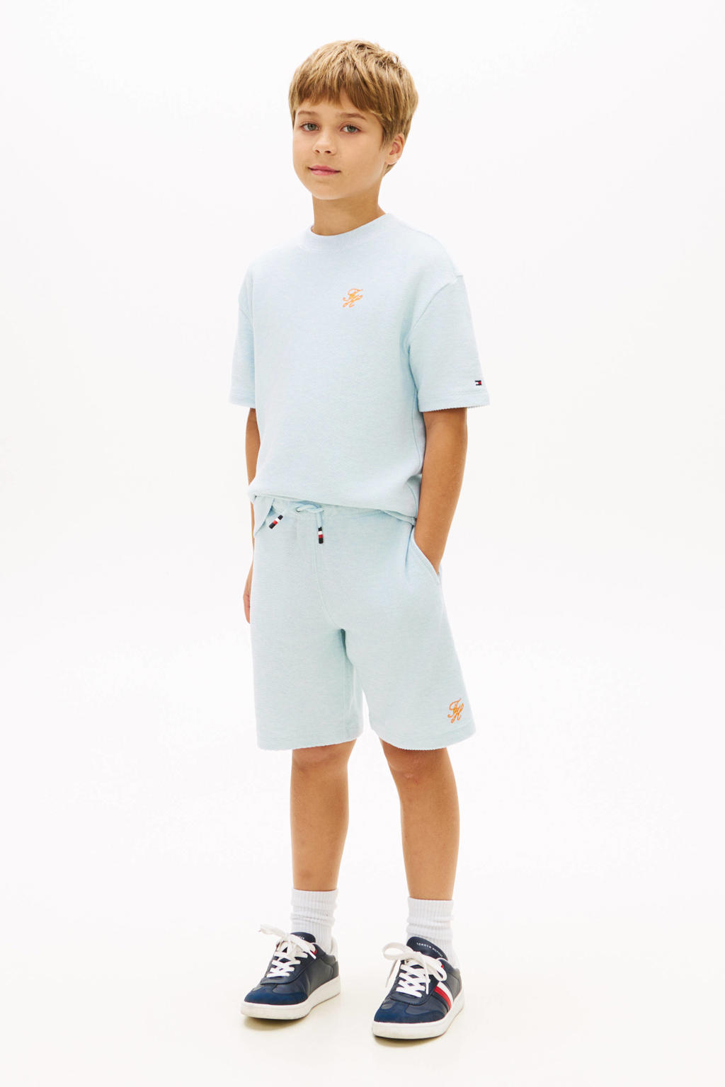Blauwe jongens Tommy Hilfiger sweatshort met elastische tailleband met koord en effen