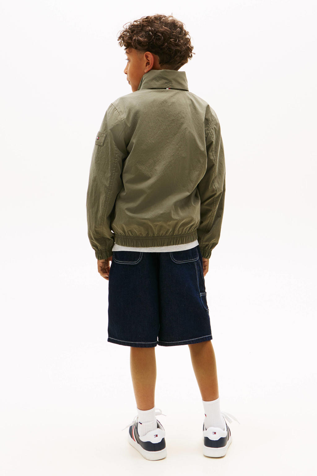 Groene jongens Tommy Hilfiger zomerjas van nylon met effen, lange mouwen, opstaande kraag en ritssluiting