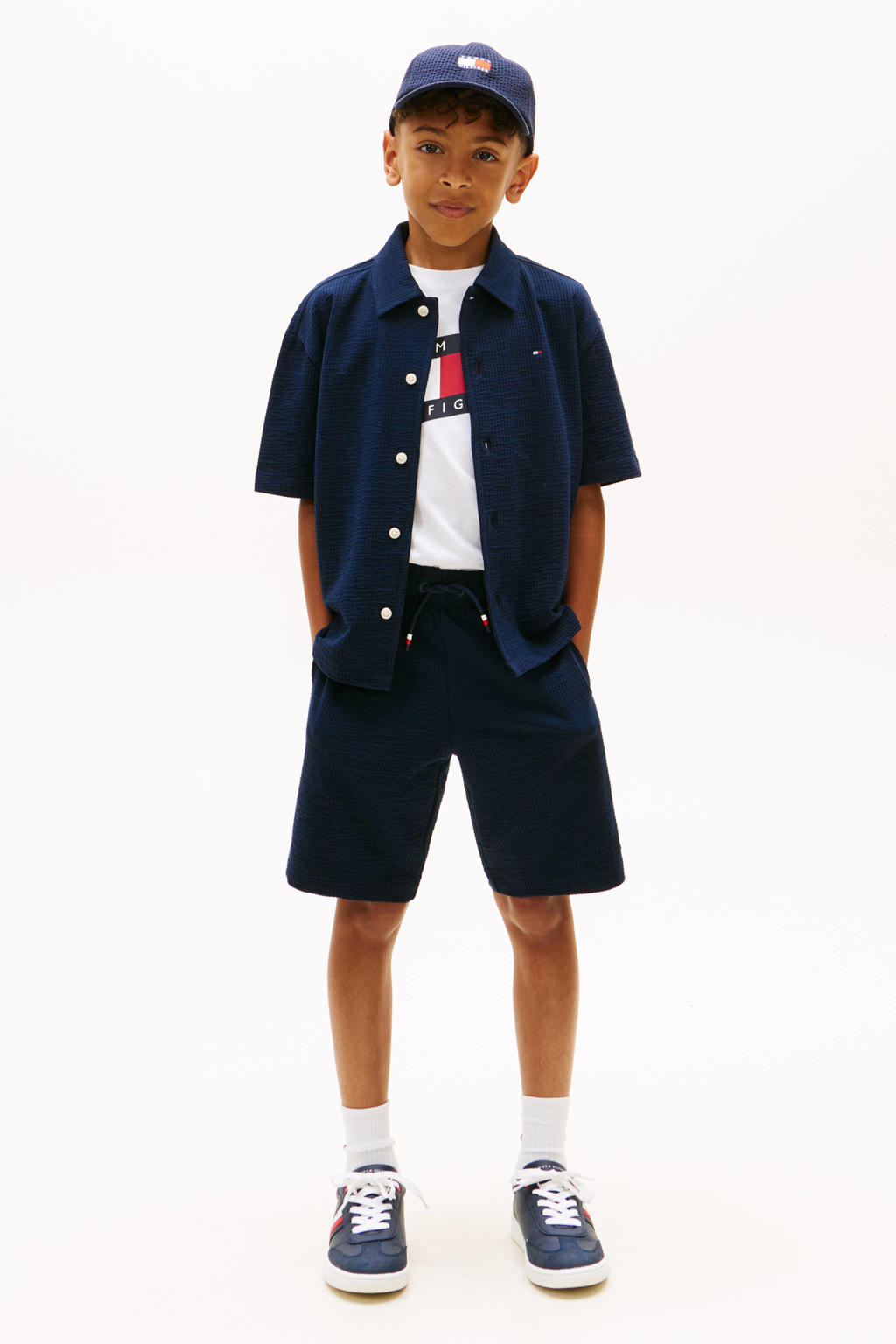Donkerblauwe jongens Tommy Hilfiger bermuda short seersucker van katoen met elastische tailleband met koord en effen