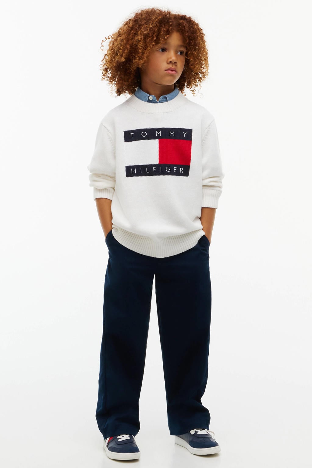 Donkerblauwe jongens Tommy Hilfiger casual broek van stretchkatoen met rits- en knoopsluiting en effen