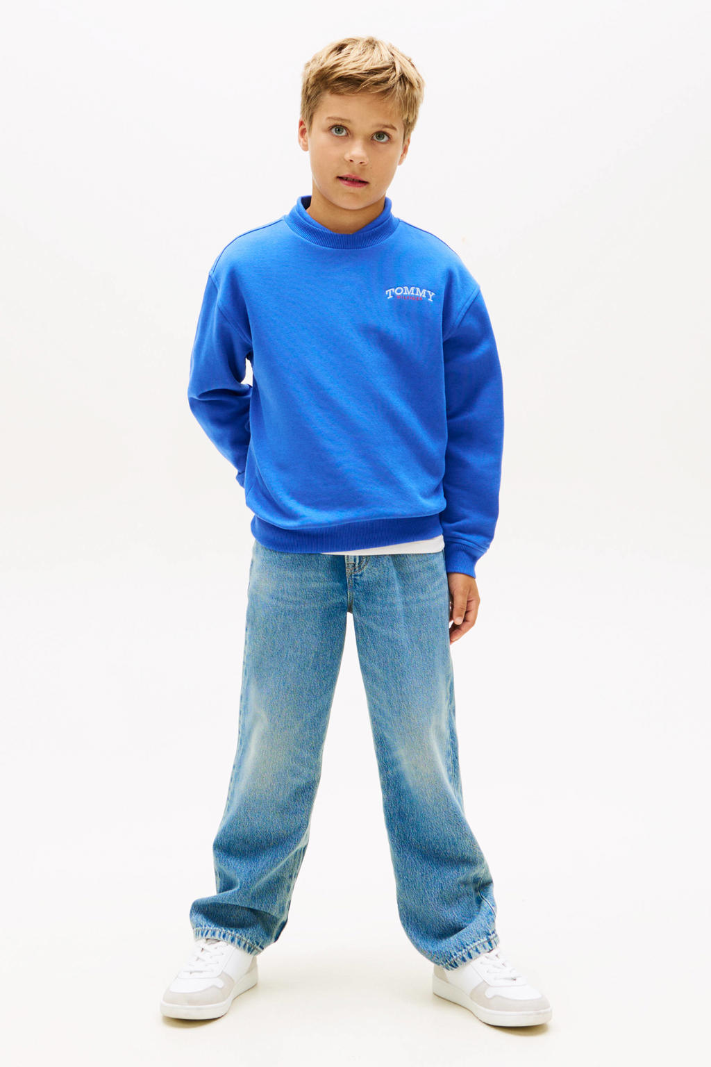 Blauwe jongens Tommy Hilfiger sweater met effen, lange mouwen, ronde hals en borduursels
