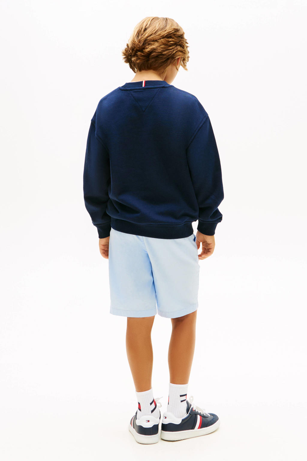 Donkerblauwe jongens Tommy Hilfiger sweater met effen, lange mouwen, ronde hals en borduursels