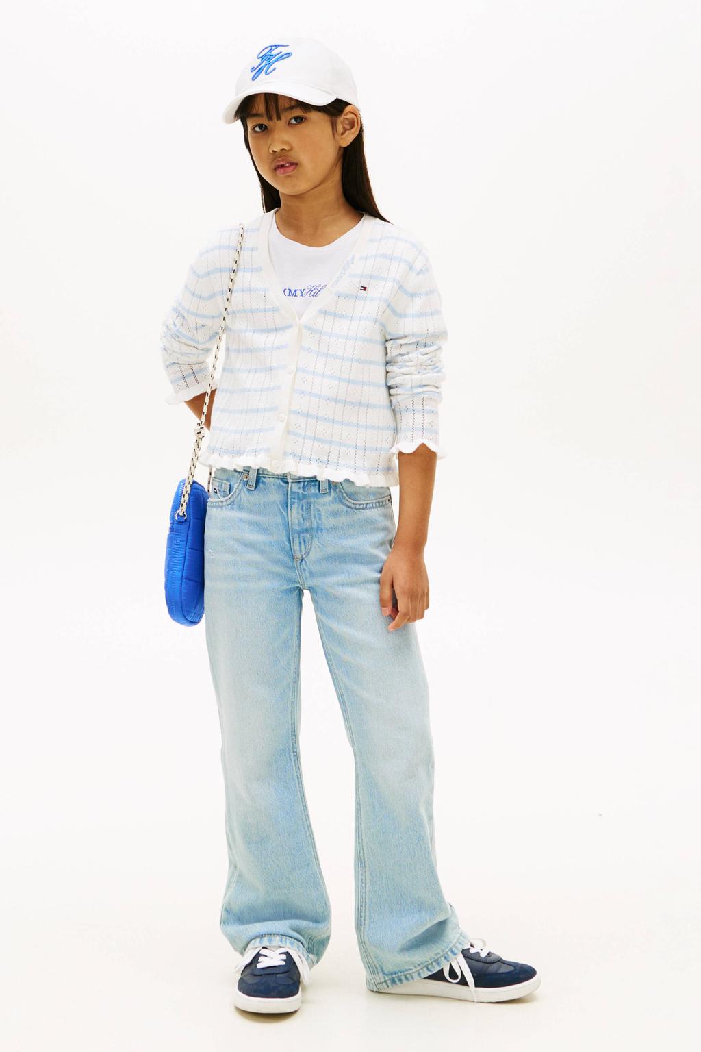 Light blue denim meisjes Tommy Hilfiger flared jeans van denim met rits- en knoopsluiting en effen
