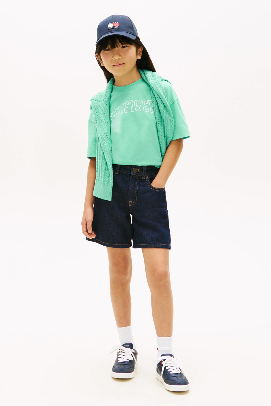 Groene meisjes Tommy Hilfiger T-shirt van katoen met logo dessin, korte mouwen en ronde hals