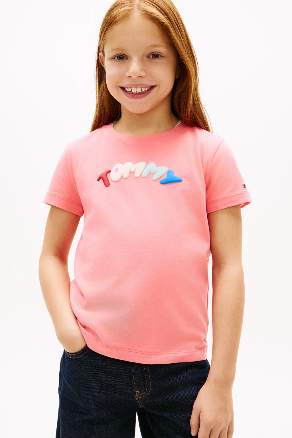 Roze meisjes Tommy Hilfiger T-shirt van katoen met logo dessin, korte mouwen en ronde hals