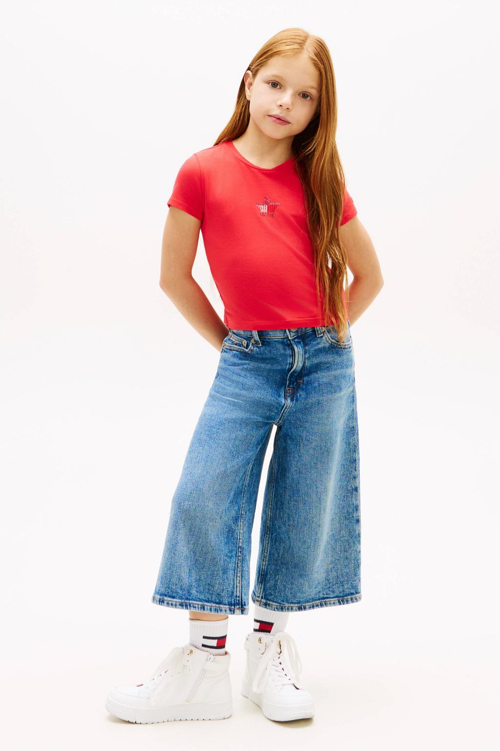 Rode meisjes Tommy Hilfiger T-shirt van stretchkatoen met printopdruk, korte mouwen, ronde hals en strass steentjes