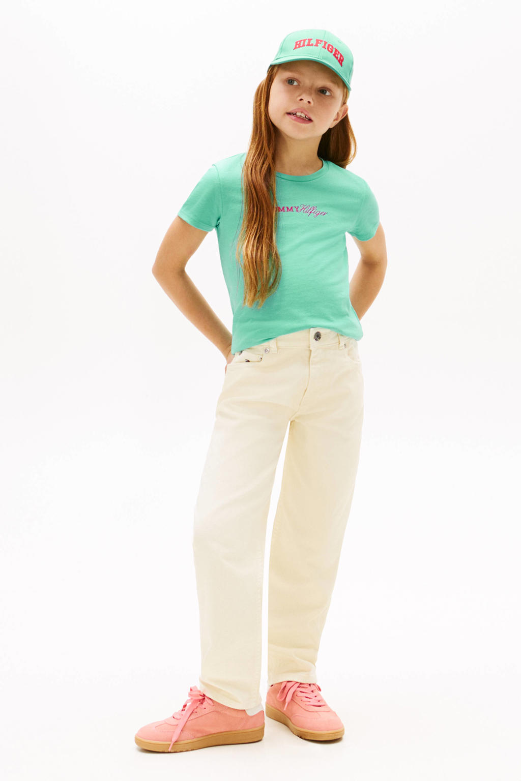 Groene meisjes Tommy Hilfiger T-shirt van katoen met logo dessin, korte mouwen en ronde hals
