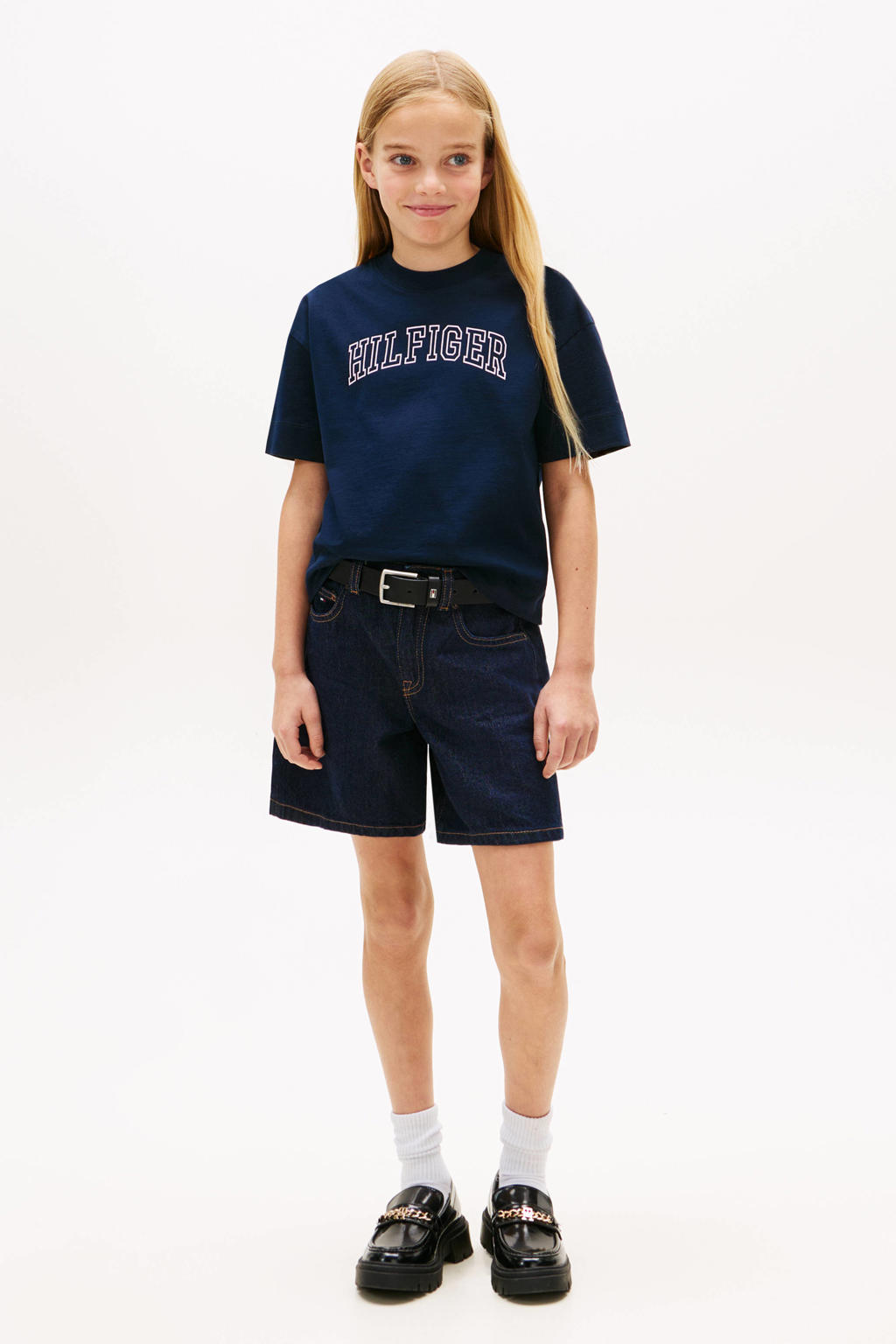 Donkerblauwe meisjes Tommy Hilfiger T-shirt van katoen met logo dessin, korte mouwen en ronde hals