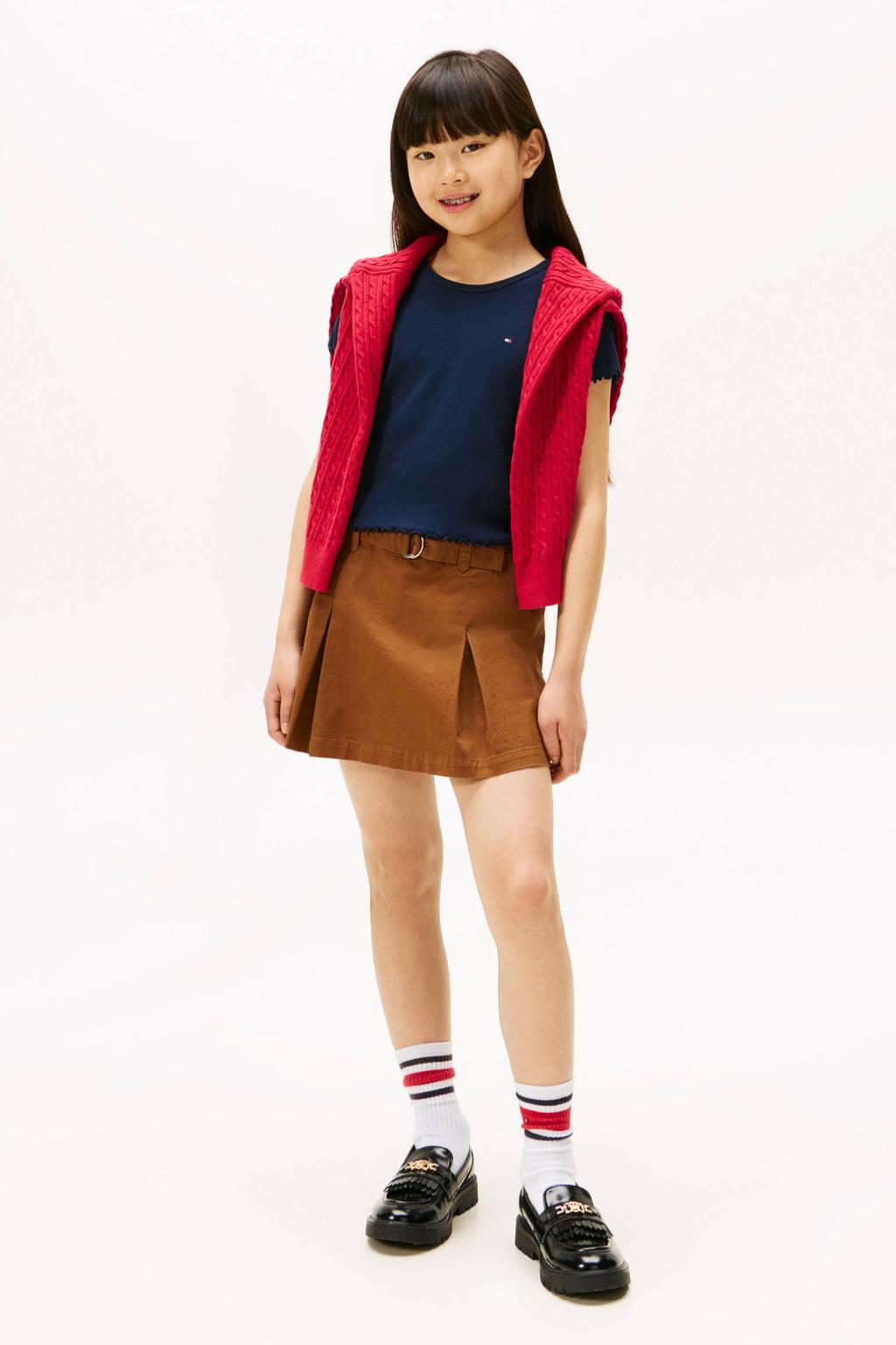 Donkerblauwe meisjes Tommy Hilfiger T-shirt rib gebreid van stretchkatoen met effen, korte mouwen en ronde hals