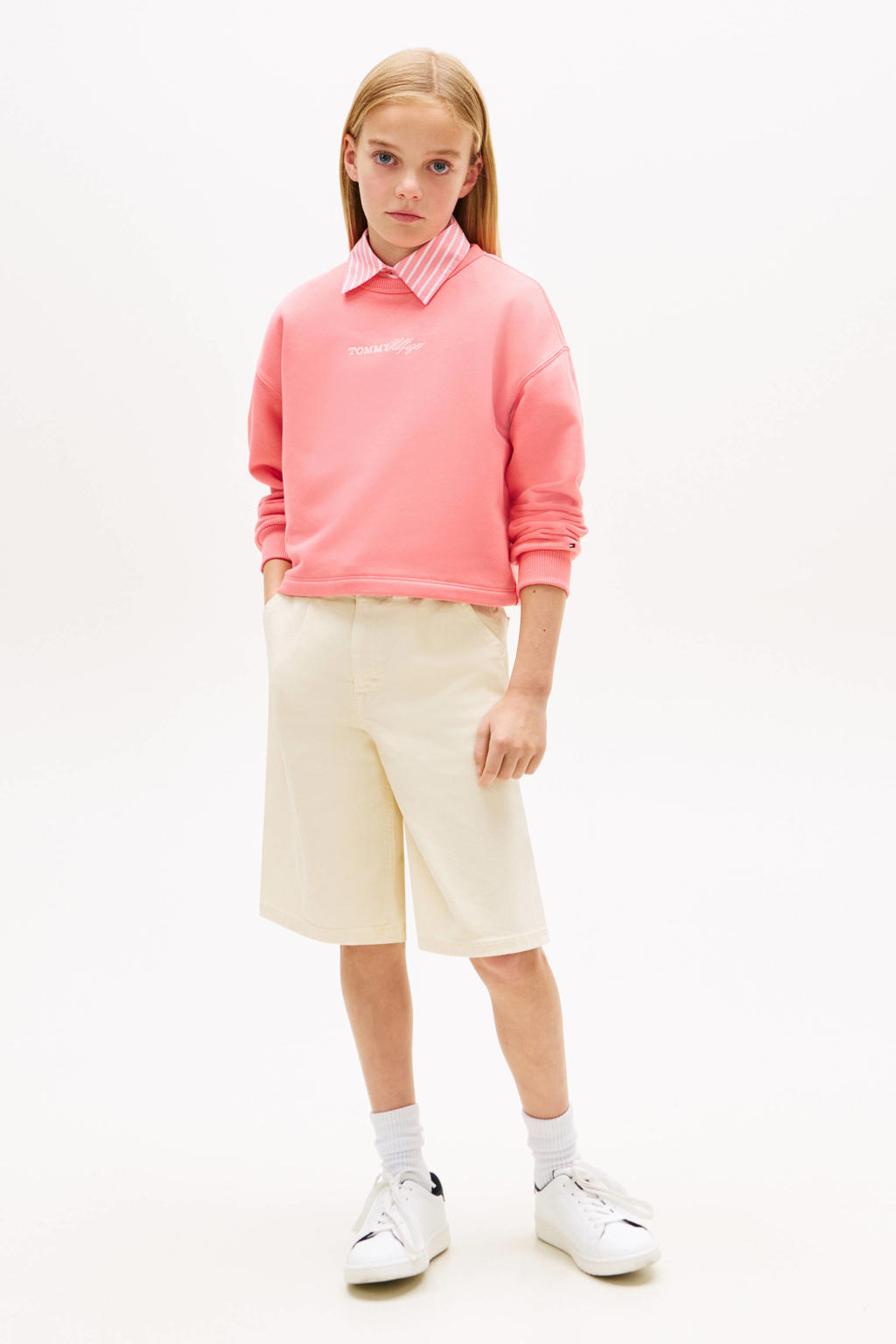 Roze meisjes Tommy Hilfiger sweater met tekst print en ronde hals